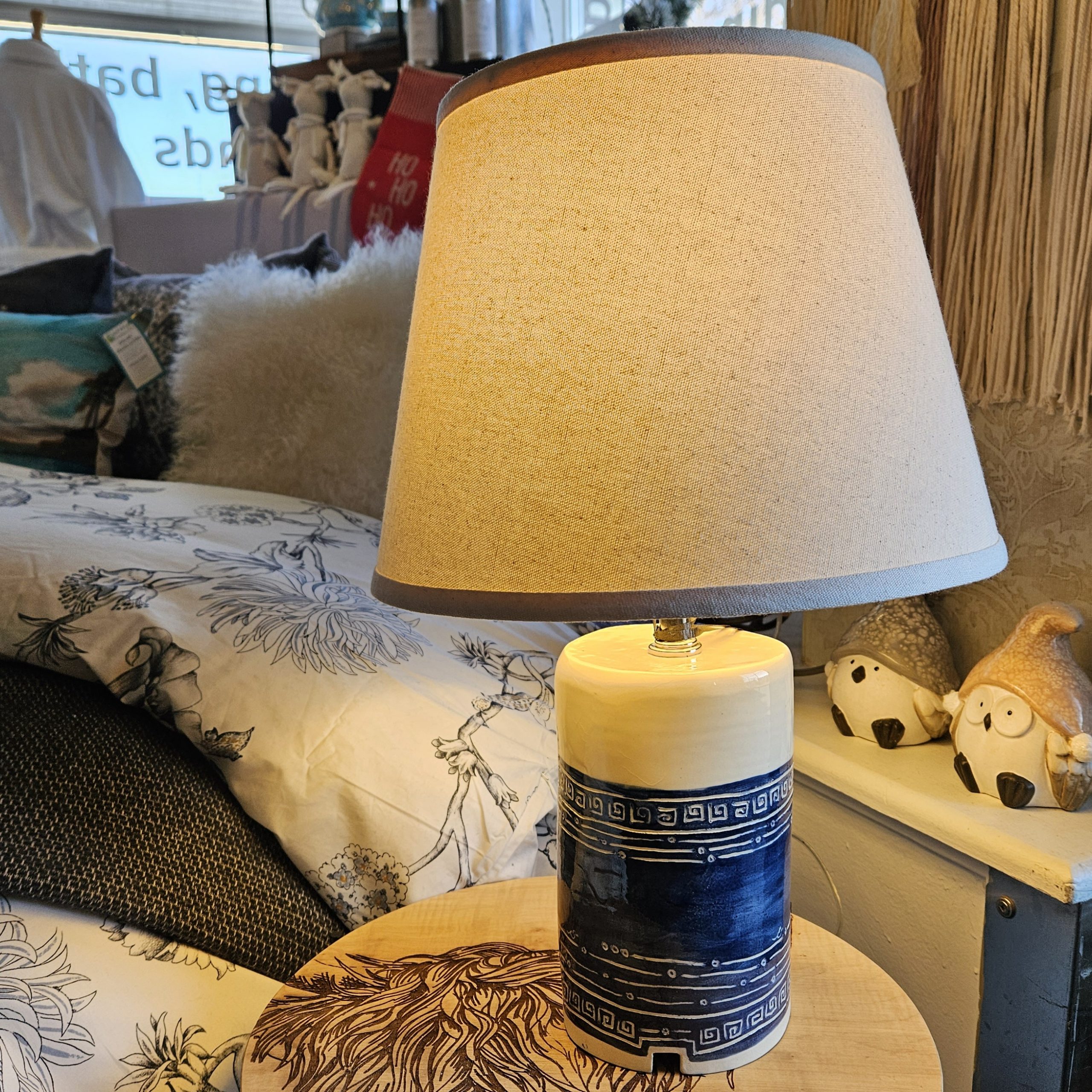 blue and white bedside lamp